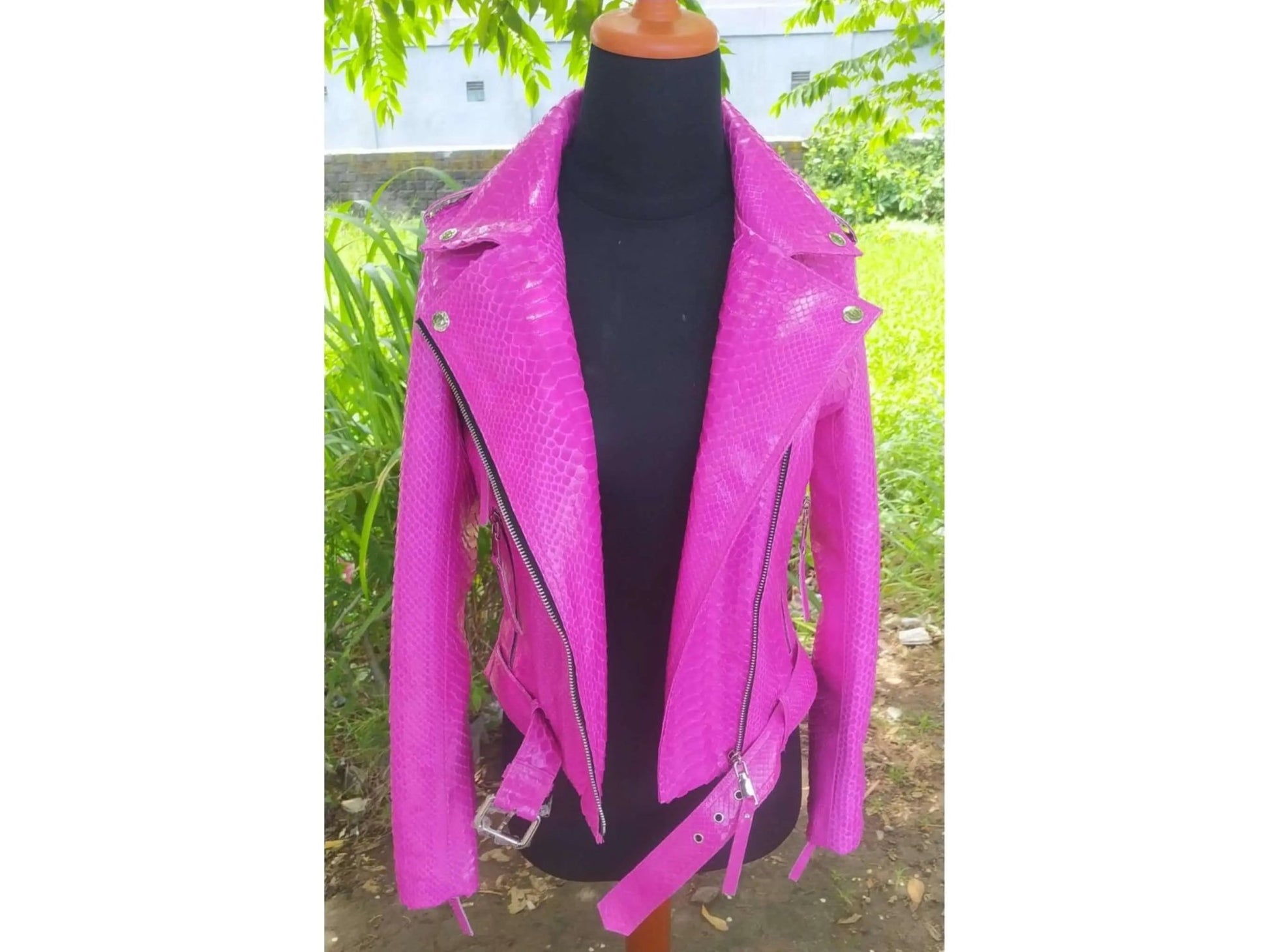 Neon Pink Python Snakeskin Leather Jacket - Python Jacket by LFM Fashion