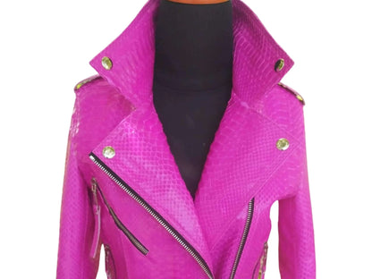 Neon Pink Python Snakeskin Leather Jacket - Python Jacket by LFM Fashion
