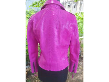 Neon Pink Python Snakeskin Leather Jacket - Python Jacket by LFM Fashion
