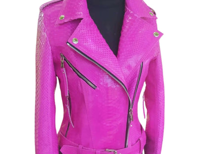 Neon Pink Python Snakeskin Leather Jacket - Python Jacket by LFM Fashion