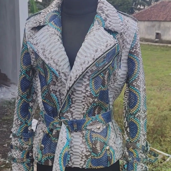 Python Snakeskin Leather Jacket - Blue Ivory