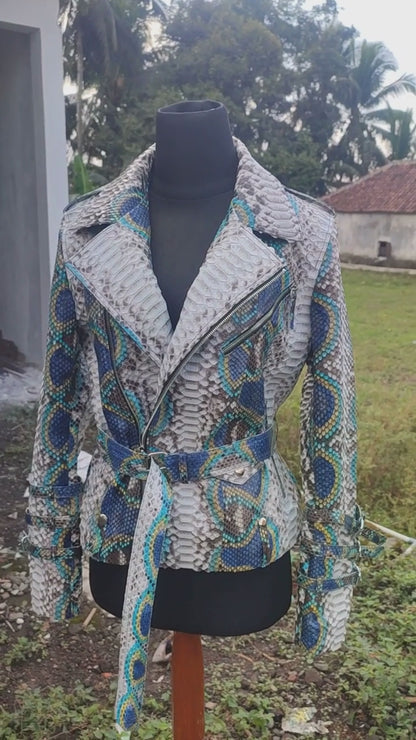 Python Snakeskin Leather Jacket - Blue Ivory