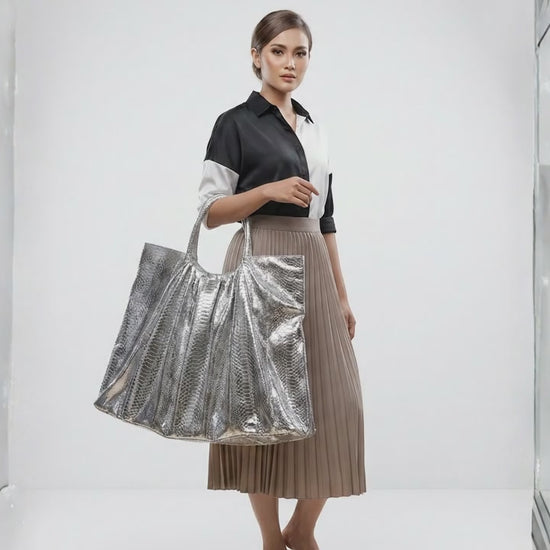 Metallic Snakeskin Tote Bag – Large Silver Shoulder Purse