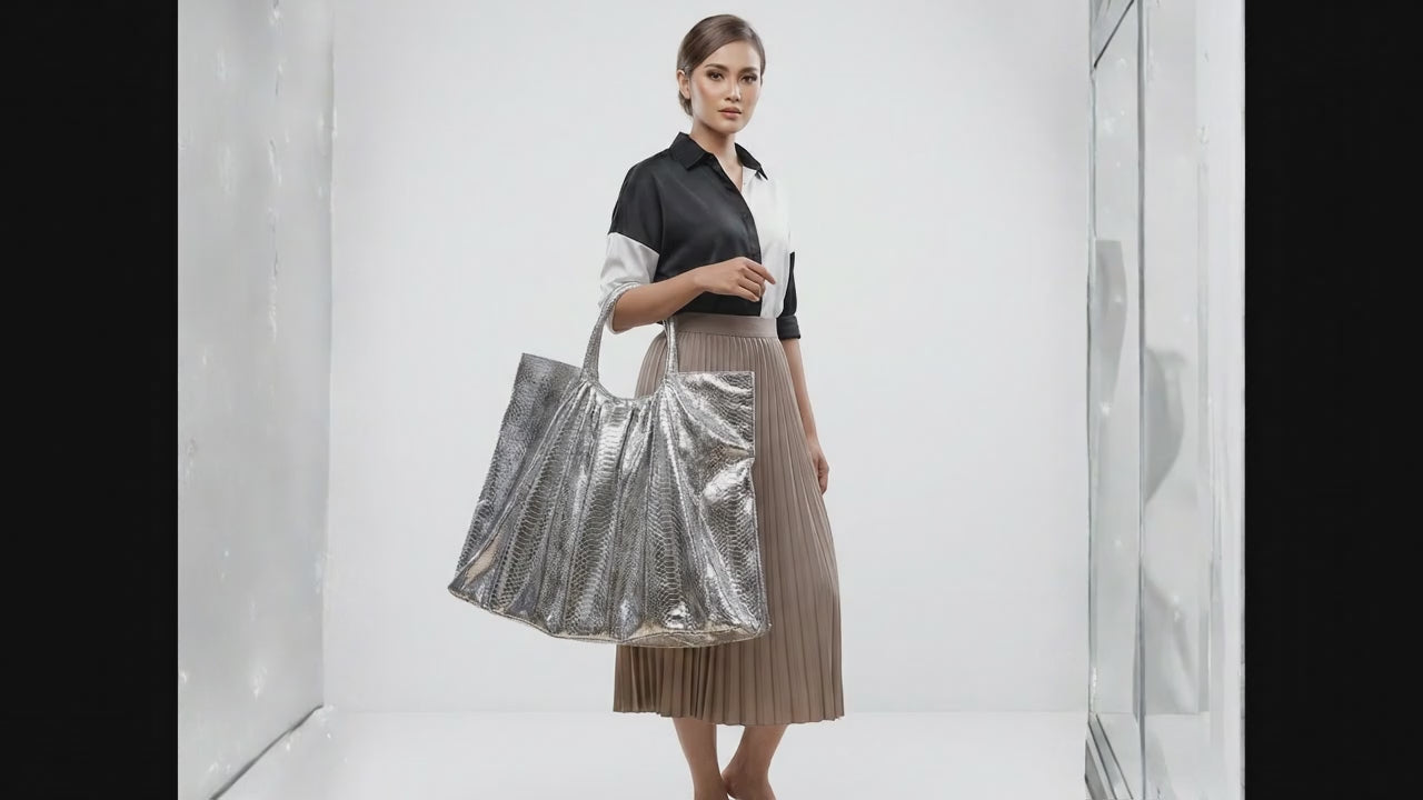 Metallic Snakeskin Tote Bag – Large Silver Shoulder Purse