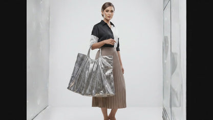 Metallic Snakeskin Tote Bag – Large Silver Shoulder Purse