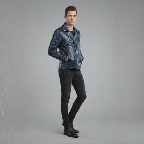 Genuine Python Snakeskin Biker Jacket: Blue Exotic Leather Motorcycle Jacket