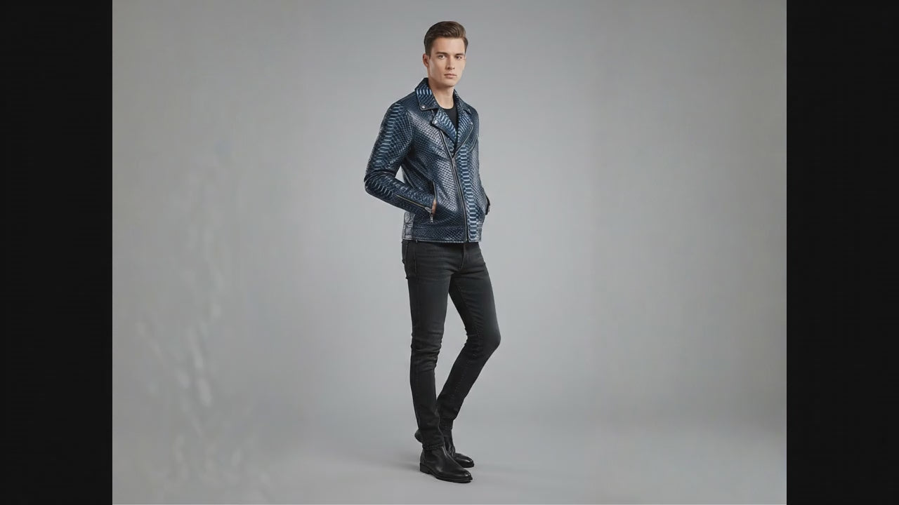 Genuine Python Snakeskin Biker Jacket: Blue Exotic Leather Motorcycle Jacket