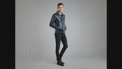Genuine Python Snakeskin Biker Jacket: Blue Exotic Leather Motorcycle Jacket