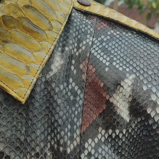 Genuine Python Snakeskin Leather Jacket – Mustard Gold Charcoal Patchwork