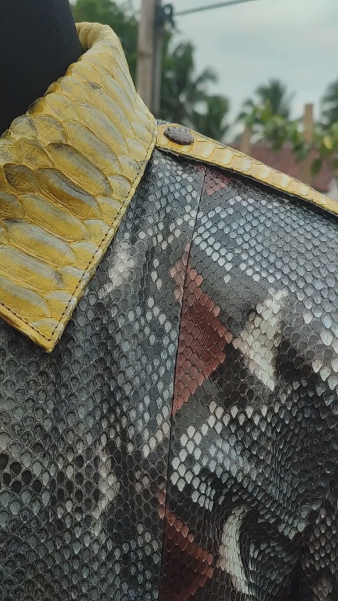 Genuine Python Snakeskin Leather Jacket – Mustard Gold Charcoal Patchwork