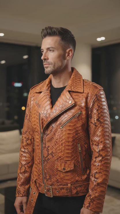 Brown Motorcycle Leather Jacket | King Snakeskin Python Leather Scales
