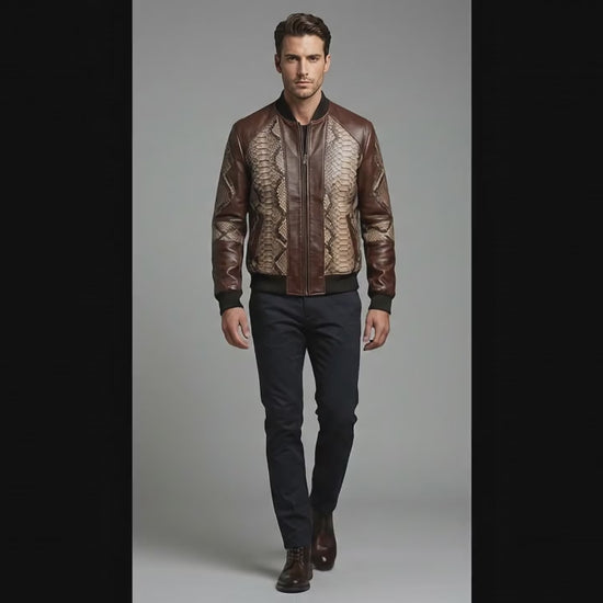 Dark Brown Python Snakeskin Bomber Jacket