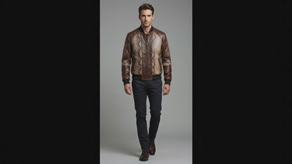 Dark Brown Python Snakeskin Bomber Jacket