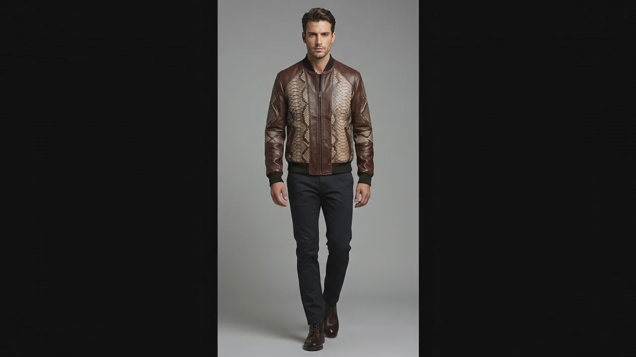 Dark Brown Python Snakeskin Bomber Jacket
