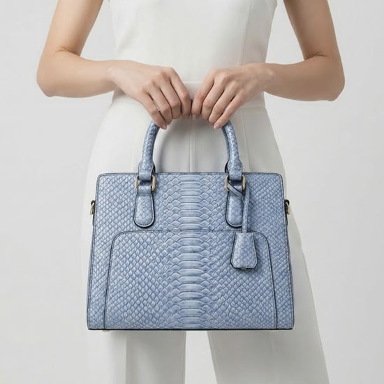 Light Blue Python Snakeskin Leather Satchel Tote