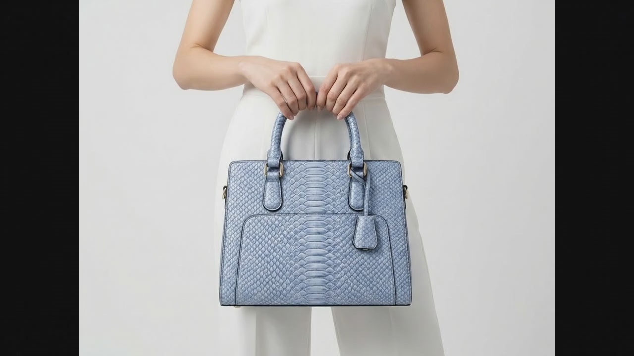 Light Blue Python Snakeskin Leather Satchel Tote
