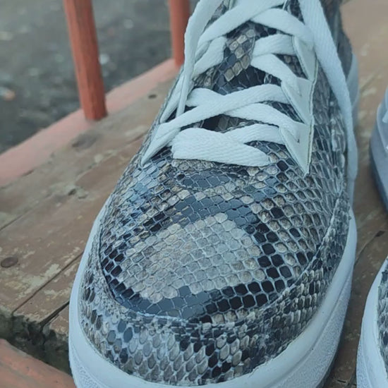 Natural Gray Python Snakeskin Leather High-Top Sneakers
