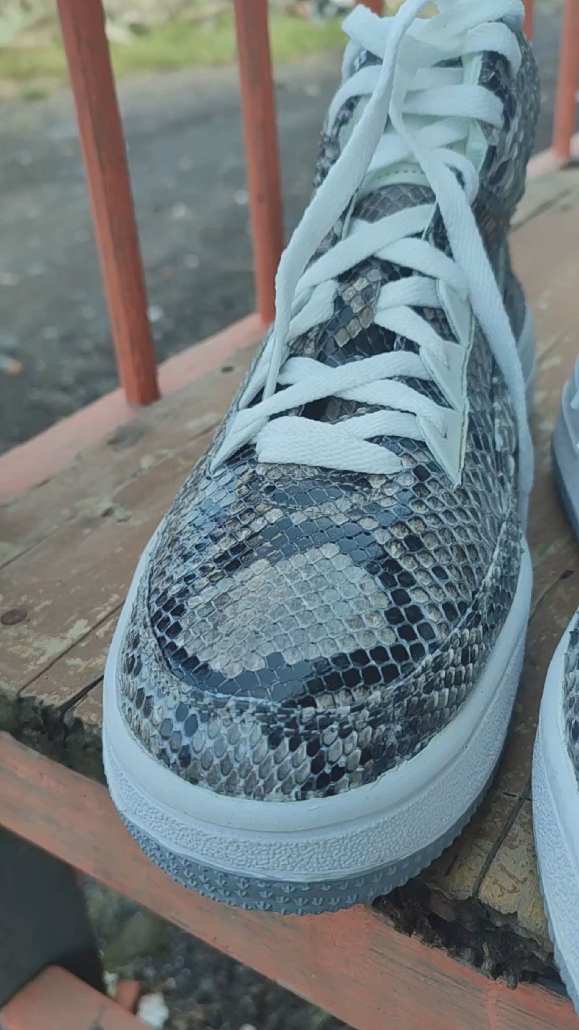 Natural Gray Python Snakeskin Leather High-Top Sneakers
