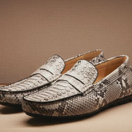 Genuine Python Snakeskin Loafers: Natural Gray Unisex Slip-On Shoes