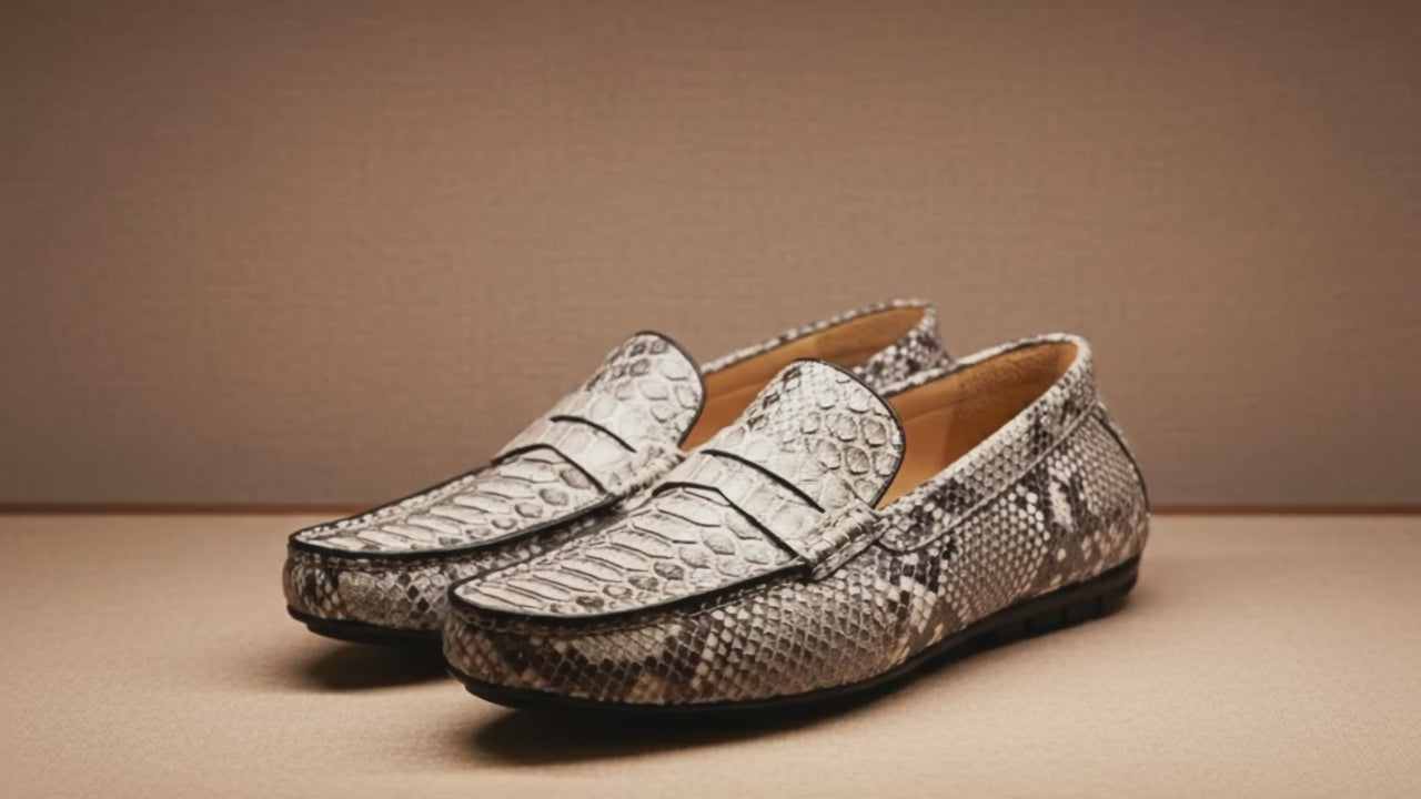Genuine Python Snakeskin Loafers: Natural Gray Unisex Slip-On Shoes