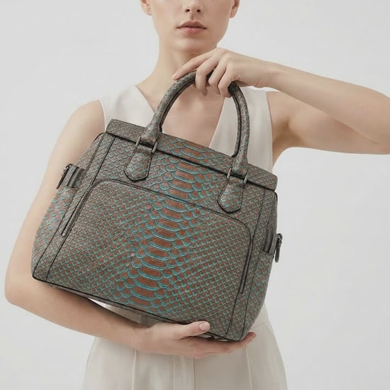 Brown Turquoise Python Snakeskin Leather Satchel Tote