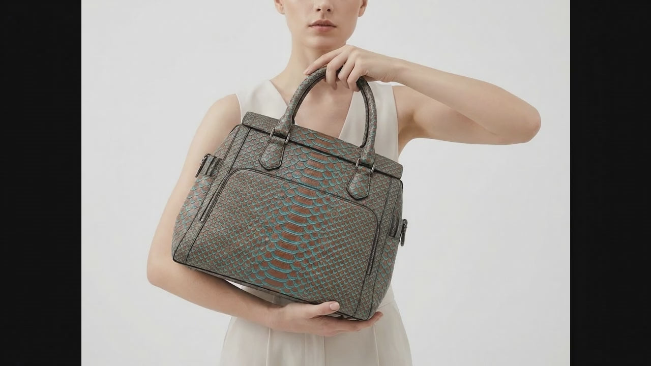Brown Turquoise Python Snakeskin Leather Satchel Tote