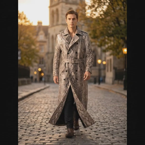 Natural Gray Python Snakeskin Long Trench Coat