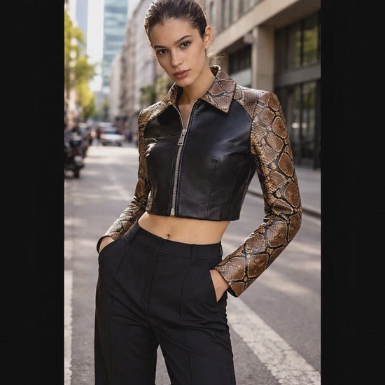 Side angle slim fit python snakeskin leather jacket modern silhouette
