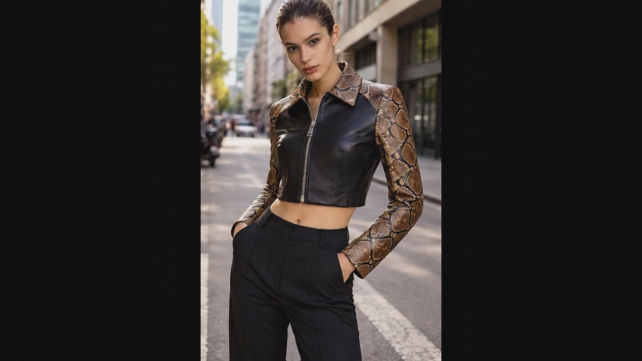 Side angle slim fit python snakeskin leather jacket modern silhouette
