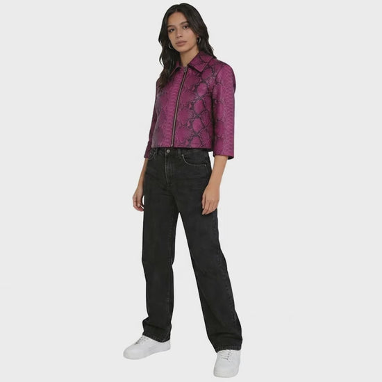 exotic python leather cropped jacket front view white background