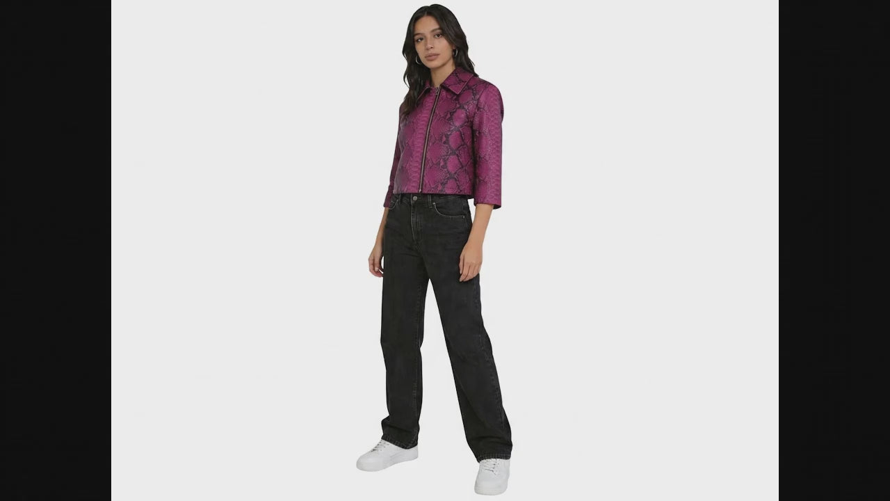 exotic python leather cropped jacket front view white background