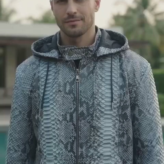 Genuine Python Snakeskin Jacket – Metallic Blue Gray Hooded Bomber