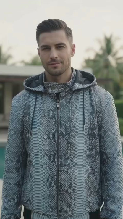 Genuine Python Snakeskin Jacket – Metallic Blue Gray Hooded Bomber