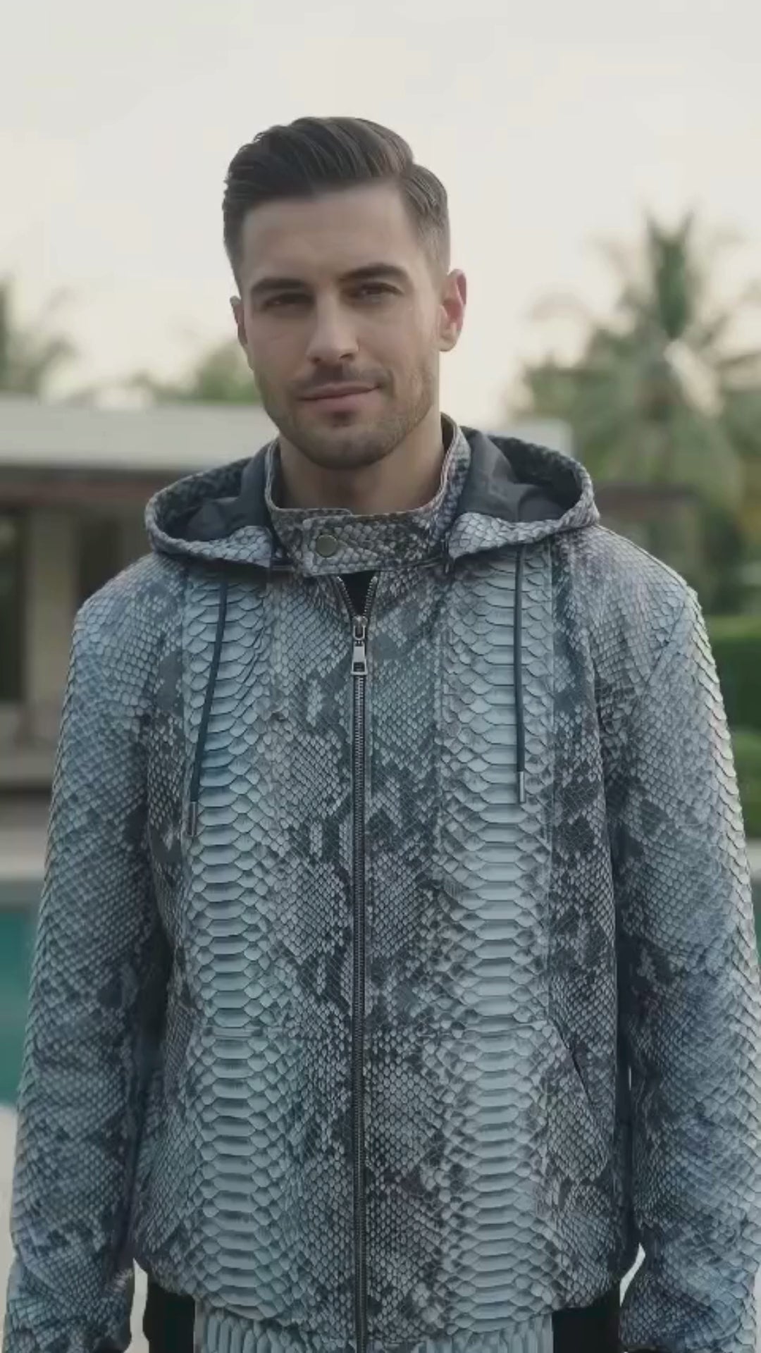 Genuine Python Snakeskin Jacket – Metallic Blue Gray Hooded Bomber