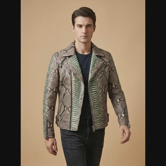 Genuine Python Snakeskin Leather Biker Jacket: Natural Gray with Green Gradation