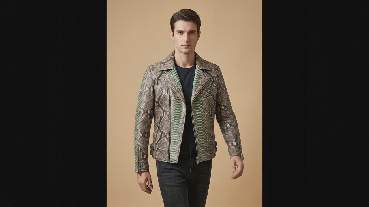 Genuine Python Snakeskin Leather Biker Jacket: Natural Gray with Green Gradation