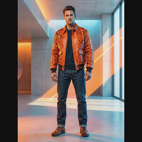 Flame Orange Python Snakeskin Bomber Jacket