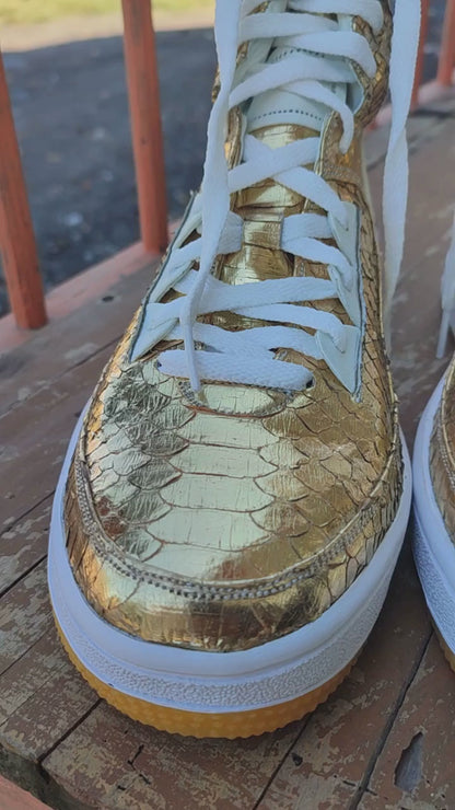 Gold Python Snakeskin Leather High-Top Sneakers