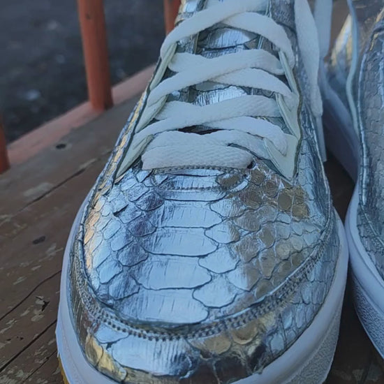 Silver Python Snakeskin Leather High-Top Sneakers