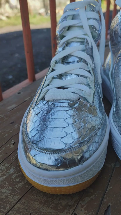 Silver Python Snakeskin Leather High-Top Sneakers
