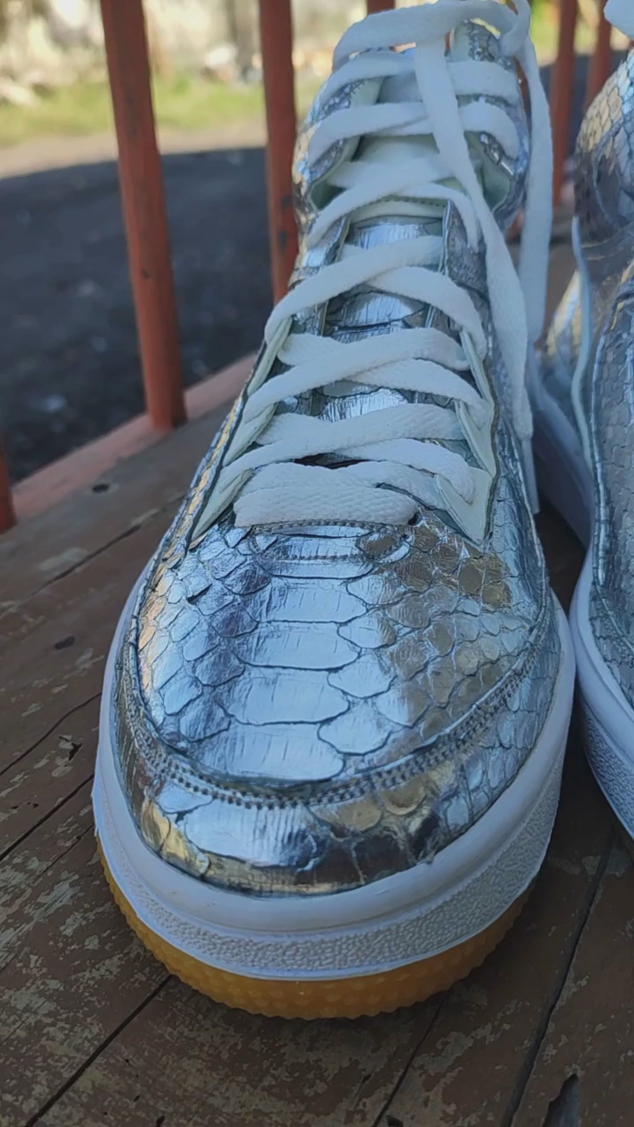 Silver Python Snakeskin Leather High-Top Sneakers