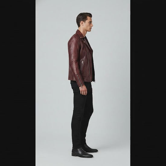 Genuine Python Snakeskin Leather Biker Jacket: Luxury Burgundy Exotic Motorcycle Jacket for Men
