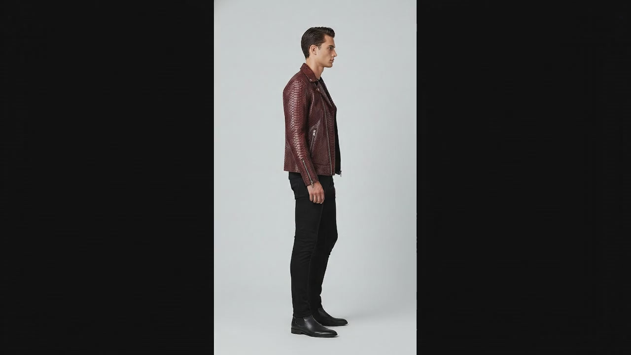 Genuine Python Snakeskin Leather Biker Jacket: Luxury Burgundy Exotic Motorcycle Jacket for Men