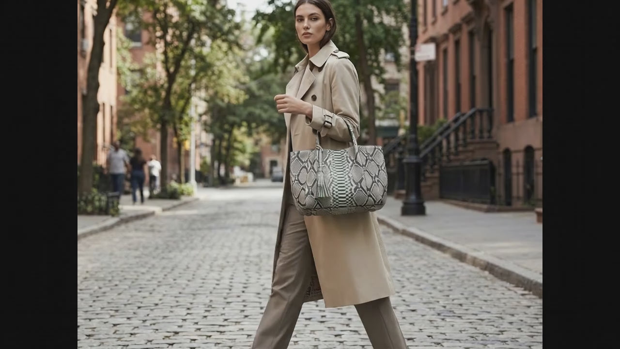 Natural Gray Python Snakeskin Tote Leather Bag