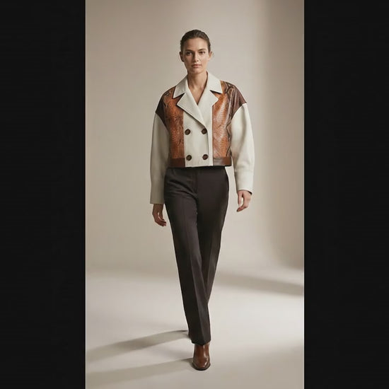 Cream Cognac Genuine Python Snakeskin Lambskin Double Breasted Blazer