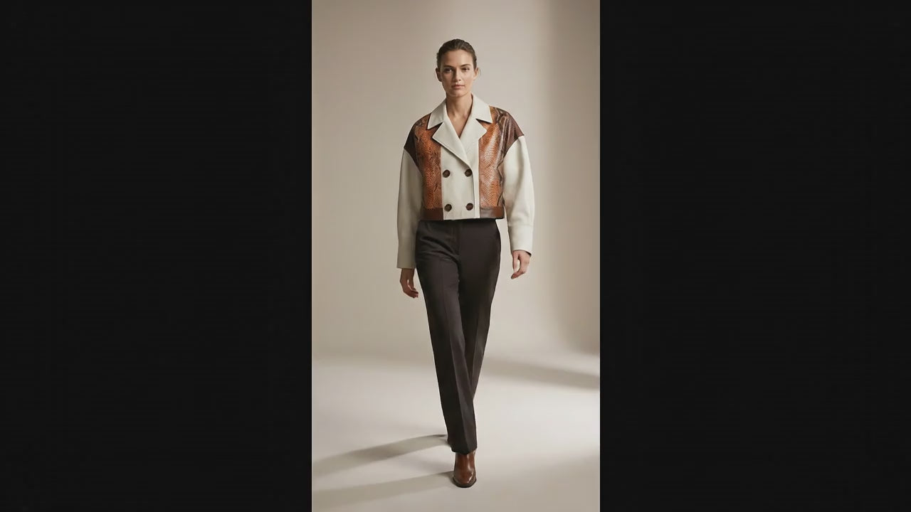 Cream Cognac Genuine Python Snakeskin Lambskin Double Breasted Blazer