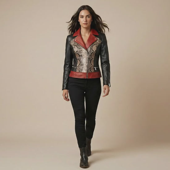 Genuine Python Snakeskin Lambskin Biker Leather Jacket: Red Accents