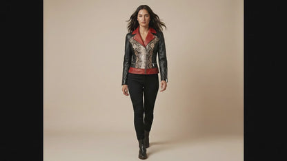 Genuine Python Snakeskin Lambskin Biker Leather Jacket: Red Accents