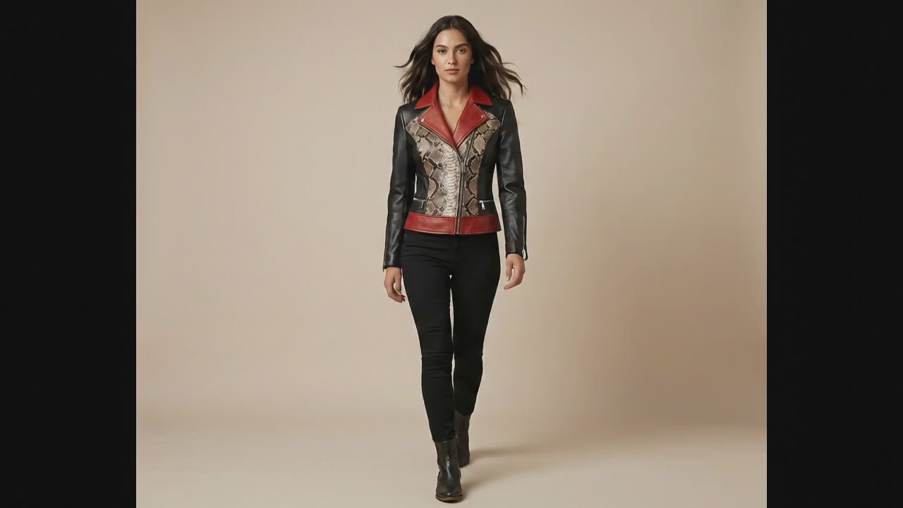 Genuine Python Snakeskin Lambskin Biker Leather Jacket: Red Accents