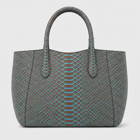 Aqua Brown Python Snakeskin Tote Leather Bag